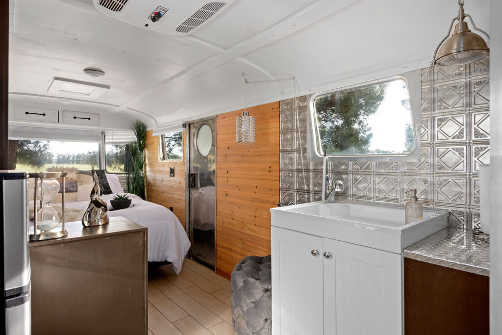 Inside glamping trailer at Schnepf Farms